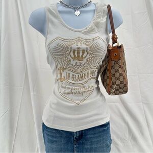 Y2K Vintage Mcbling Crown Shield Graphic Tank with Lace Trim